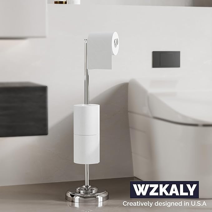 WZKALY Freestanding Toilet Paper Holder Stand with Storage – Holds 4 Extra Rolls – Chrome Toilet Paper Holder for Bathroom – Sturdy Base, Classic Retro Style, Space-Saving Bathroom Storage Organizer