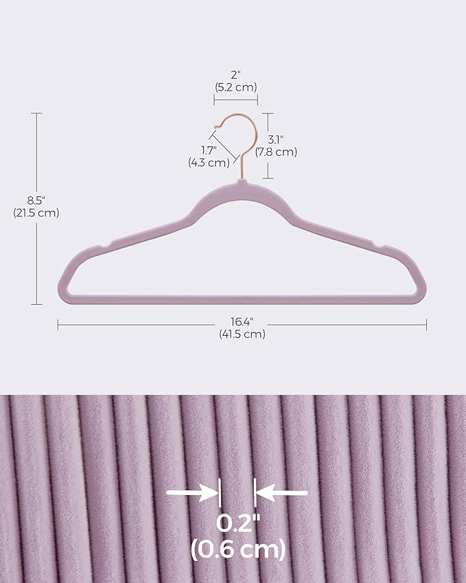 SONGMICS Slim Velvet Hangers, Non-Slip Clothes Hangers with Rose Gold Swivel Hooks, Space-Saving, for Closet, 50 Pack, Light Purple UCRF026P50