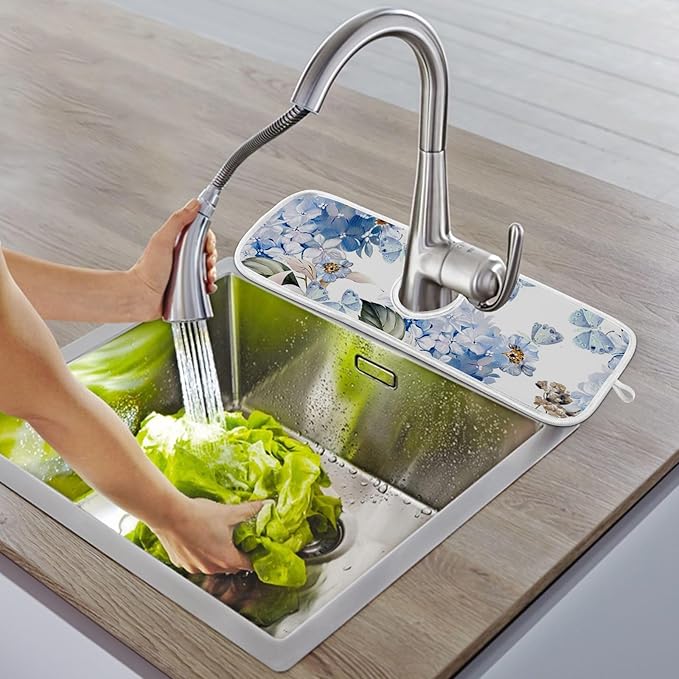 Sink Faucet Absorbing Mat Kitchen Sink Splash Guard Splash Faucet Drip Catcher for Bar RV Bathroom 2PCS 14.9x5.5in Watercolor Hydrangea Butterfly