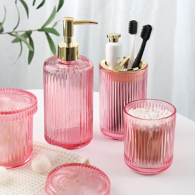 Pink Bathroom Accessories Set, Pink Bathroom Decor Accessory Sets Complete, 4 Pack Ribbed Grils Soap Dispenser and Toothbrush Holder Set with 2 Qtip Holders, Girly Bath Counter Essentials