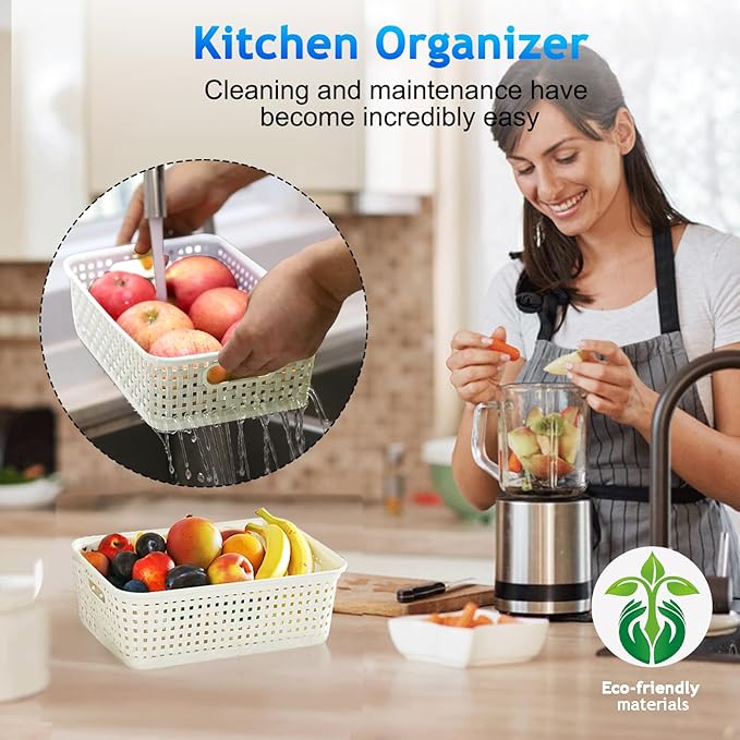 White Plastic Basket, 8 Pack Home Organization and Storage Baskets with Handles, Space Saving Woven Organizer Bins Plastic Storage Basket for Organizing Cabinets,Closets, Shelves, Countertops