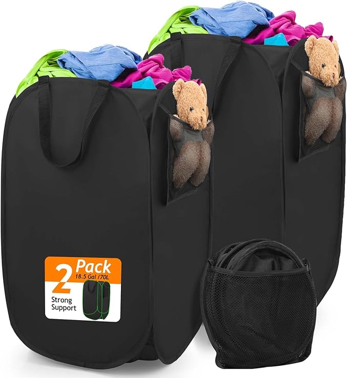 Upgraded Polyester Pop-up Laundry Hamper 2 Pack, 70L(18.5 Gal) Laundry Basket with Durable Handles Solid Bottom High Carbon Steel Frame and Side Pocket, Easy to Open Fold Flat for Storage
