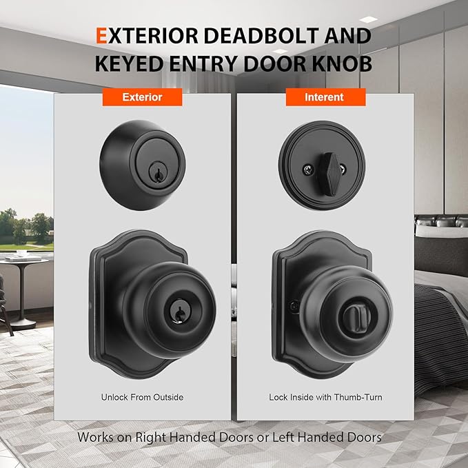 Haidms Black Exterior Deadbolt and Keyed Entry Door Knob Set, 2 Pack with Lock and Key