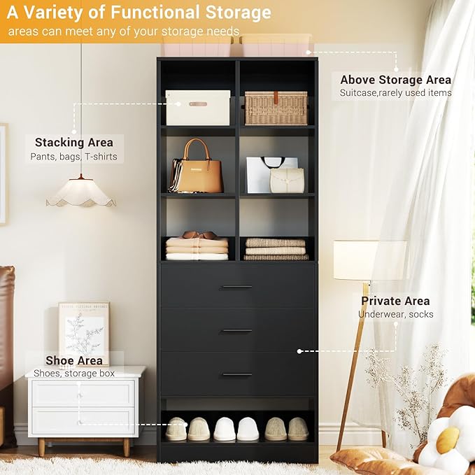 Homieasy Closet System Organizer with 3 Drawers and Partition Storage, Freestanding Wardrobe Organizer Modular with Shoe Shelf, Expandable for Walk-in or Reach-in Closets, Black
