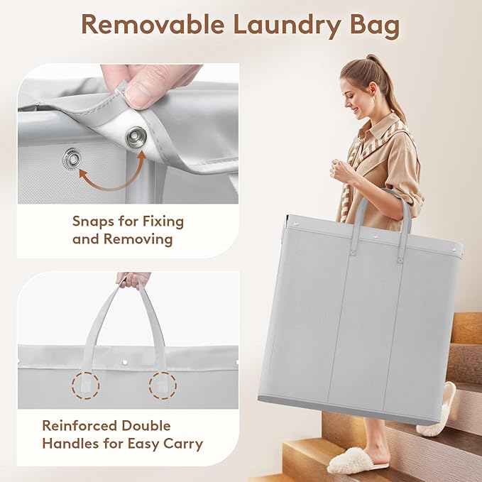 Lifewit 200L Large Laundry Basket with Wheels, Tall 3 Section Laundry Hamper Organizer, Rolling Laundry Cart with Steel Frame & Removable Bag for Luandry Room Bathroom Bedroom, Silver Gray