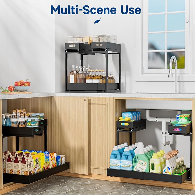 Insputer Upgrade 2 Tier Under Sink Organizer with 3 Slide Rails, Under Cabinet Storage Expandable 15"-25" W & Height Adjustable, Thickened Pull Out Shelf for Bathroom, Kitchen, Laundry, Pantry(Black)