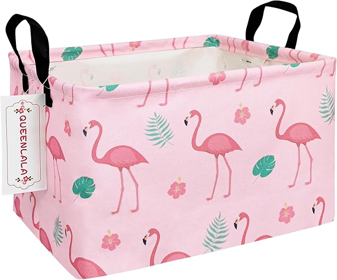 QUEENLALA Rectangular Laundry Hamper/Foldable Nursery Laundry Basket for Organizing/Storage Bin Baskets/Children Toy Office Bedroom/Toy Bin Closet Shelf Baskets（Rec-Pink Flamingo）