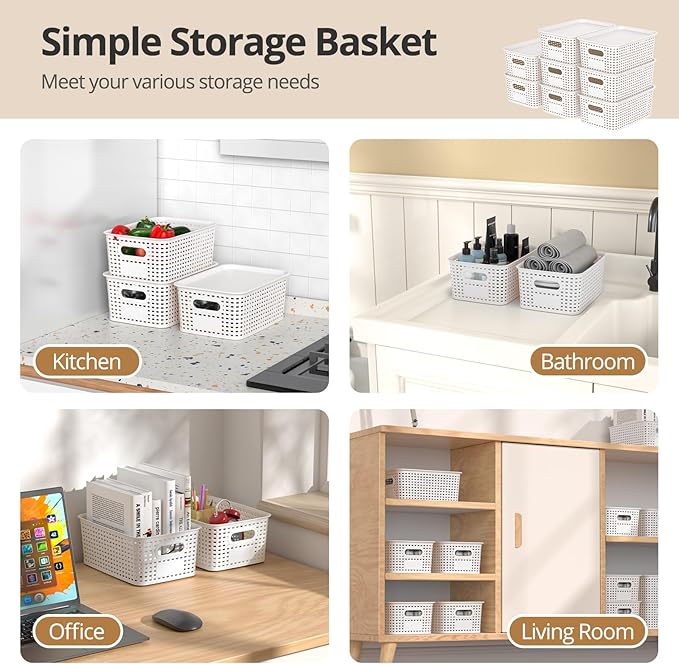 Plastic Storage Basket with Lid, Stackable Small Box Bins for Organizing and Containers for Shelves Drawers Desktop Closet Playroom Pantry Classroom Office Home, 8 Pack 10.2x7.2x4.1 Inch, White