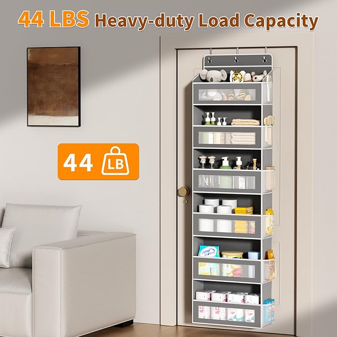Over The Door Organizer with 6 Large Pockets, Over the Door Storage 12 Side Pockets, Hanging Door Organzier 44 lb Load Behind Door Storage Hanging Shelf for Closet Wall Bathroom Nursery, 6-Tier Grey