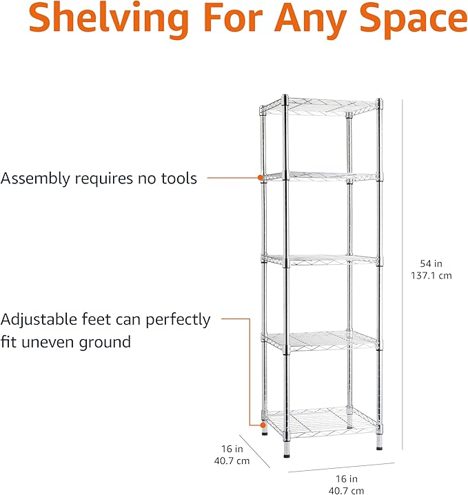 Amazon Basics 5-Shelf Storage Shelving Unit, Chrome, 16 D x 16 W x 54 H in | Tower, Adjustable