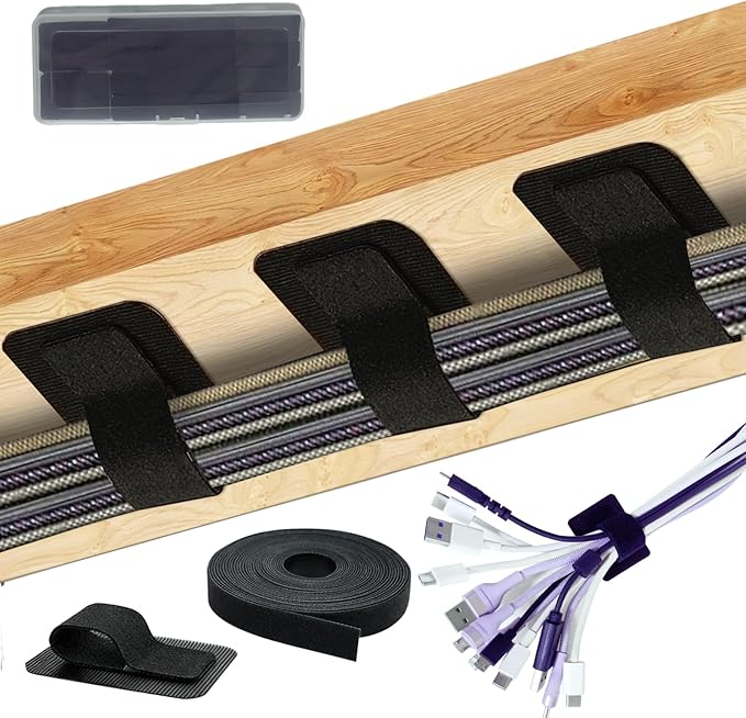 Cable Management Under Desk,Up to 15 Cord,Enhanced Wire Holder. Cord Organizer,Reusable Cord Holder Organizer for Cable Hider Clips Under Table, 40 Pair+2 roll of Velcro Ties (Black, 40 Pair)
