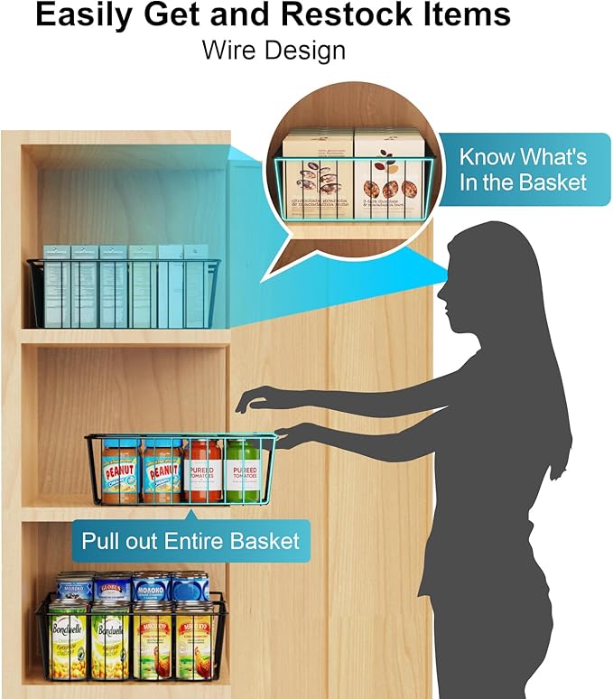 iSPECLE Wire Basket - 6 Pack Small Wire Storage Baskets Organizer Bins, Pantry Cabinet Shelf Kithen Storage Organization for Easily Get Items, Black
