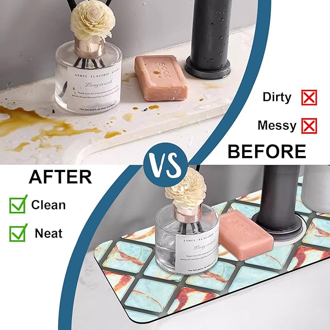 Rendering Marble Sink Splash Guard Faucet Mat Blue Wall Tiles Super Absorbent Fast Drying Mat Sink Gadgets-Splash Guard Behind Faucet Drip Catcher for Kitchen Bathroom, 15.5"x5.5"