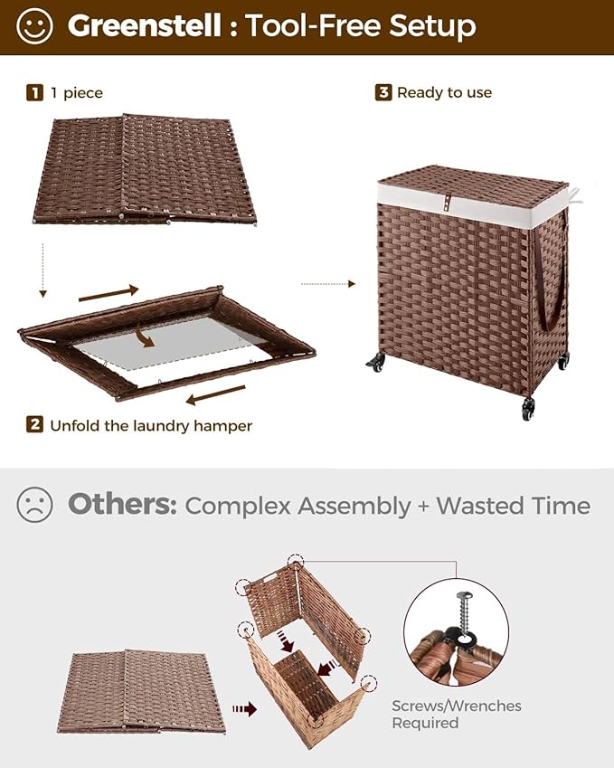 Greenstell Laundry Hamper with Wheels, No Install Needed, 110L Divided Handwoven Hampers & 2 Removable Liner Bags, Rattan Clothes Laundry Basket with Lid & Handles, Foldable Hampers Brown 22x13x26.4In