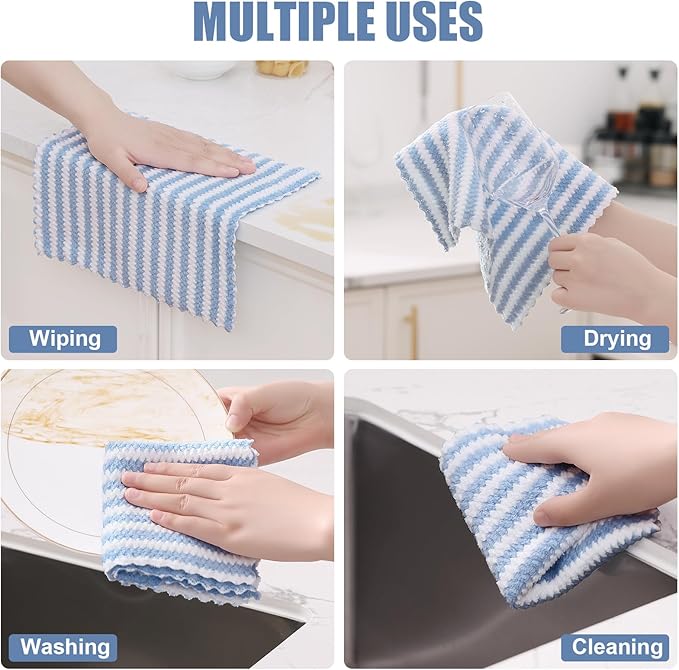 Homaxy 18 Pack Kitchen Dish Cloths, Ultra Soft and Absorbent Dish Towels, Reusable Fast Drying Microfiber Cleaning Cloth, Coral Velvet Wave Design No-lint, 10 x 10 inches, Blue/Pink/Grass Green