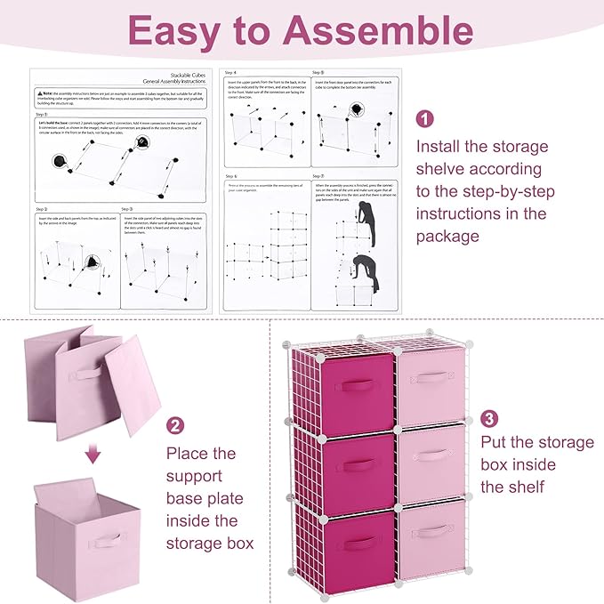 Leinuosen 6 Cube Storage Organizer with Fabric Bins, Wire Grid Stackable Shelves, Drawer Closet Organizer, Modular Storage Units for Bedroom Living Room Office Clothes Toys Crafts(White,Pink)