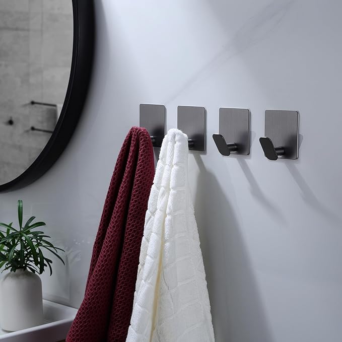 DELITON Towel Hooks for Bathrooms - 4 Pack Adhesive Wall Hooks Heavy Duty No Damage, Coat Robe Sticky Hooks for Hanging Waterproof SUS304 Stainless Steel, Grey