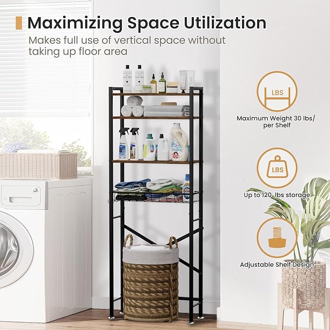 Over The Toilet Storage Cabinet, 4-Tier Bathroom Organizers and Storage with Adjustable Shelves, Freestanding Over-The-Toilet Shelf for Restroom, Laundry, Rustic Brown