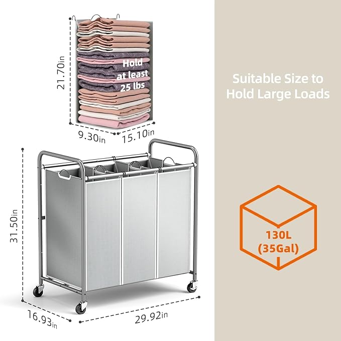 ROMOON Laundry Sorter Hamper 3 Section, Divided Laundry Basket Organizer with Heavy Duty Lockable Wheels and Removable Bags, Rolling Clothes Hamper for Apartment, Dorm & Family (130L Neutral Gray)