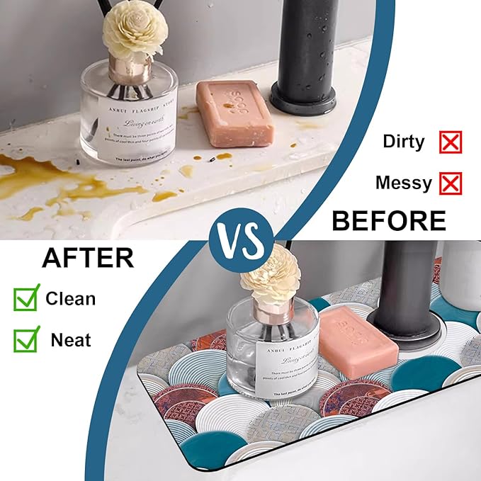 Wall Tiles Texture Sink Splash Guard Ceramic Decor Faucet Absorbing Mat Fast Drying Mat Sink Gadgets Splash Guard Behind Faucet Drip Catcher for Kitchen Bathroom, 15.5"x5.5"