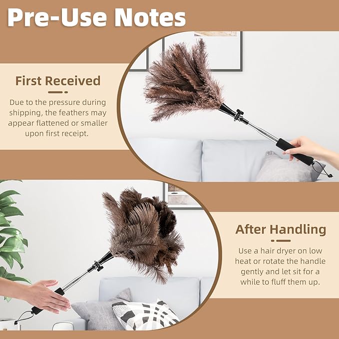 Extendable Ostrich Feather Duster with 19-49 inch Rotatable Stainless Steel Pole, Natural Feather Duster for Ceiling Fan Cobweb Dusting, Reusable Flexible Cleaning Duster(Include 1 Replacement Heads)