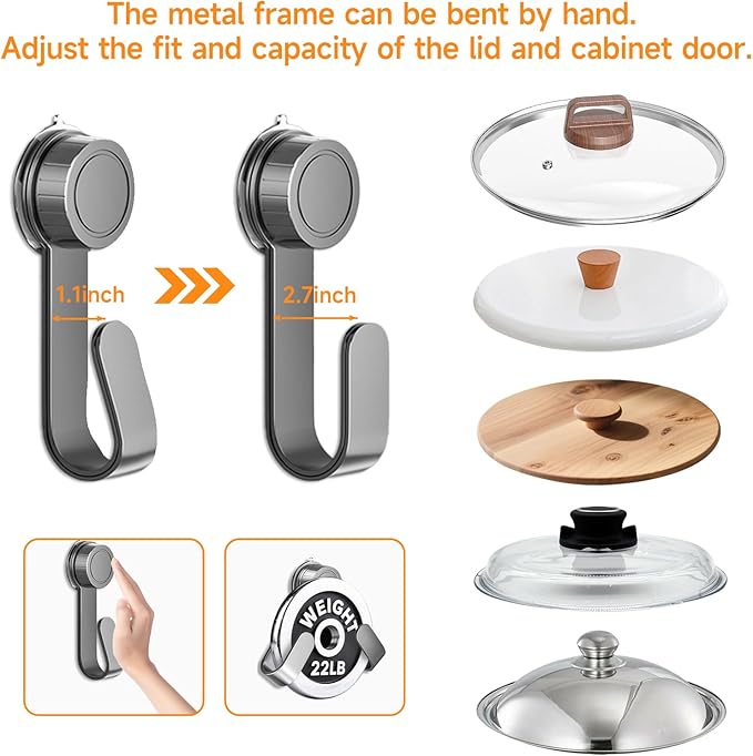 2 PCS Adjustable Pot Lid Holder, No Drill Adhesive Mount, Pot Lid Organizer for Cabinet Door/Wall Mounted, Fits 6-14" Lids
