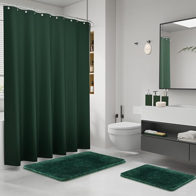 Green Bathroom Set, Dark Green Bathroom Accessories Set with Shower Curtain and No-Slip Bath Rugs, Natural Loofah Sponge, Soap Dispenser, Toothbrush Holder, Bathroom Tumbler and Tray for Bathroom