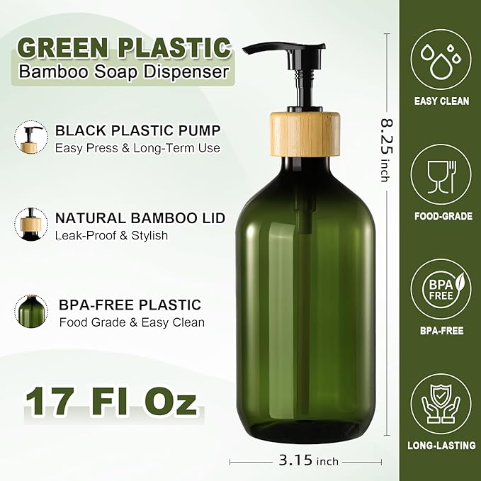 Green Soap Dispenser, Plastic Bathroom Soap and Lotion Dispenser Set with Bamboo Pump, 2 Pack 17 Fl Oz Hand and Dish Soap Dispensers Set for Bathroom, Refillable Liquid Soap Bottles