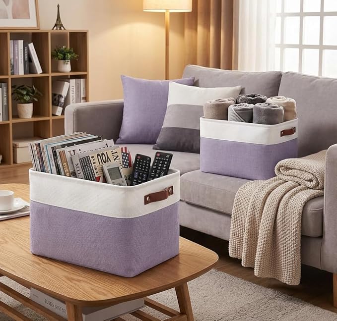 Univivi Large Fabric Storage Baskets Hard Bottom Organizer Bins for Shelves Organizing Foldable Storage Bins with PU Handles for Closet (Purple-4-Pack)