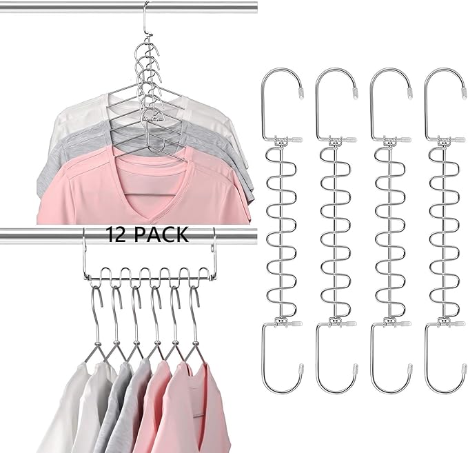KLEVERISE 12 Pack Metal Space Saving Hangers, Stainless Steel Hangers, Magic Cascading Closet Clothing Hanger Organizer, College Dorm Essentials