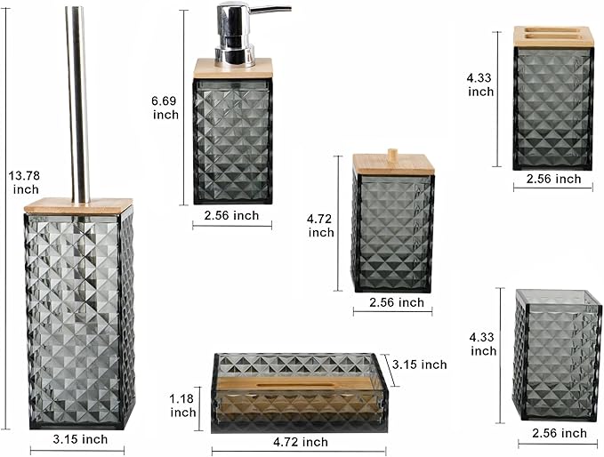Grey Bathroom Accessory Set, 6 PCS Grey Bathroom Accessories Set, Soap Dispenser, Toothbrush Holder, Soap Dish, Mouthwash Cup, Cotton Swab Holder and Toilet Brush, Acrylic