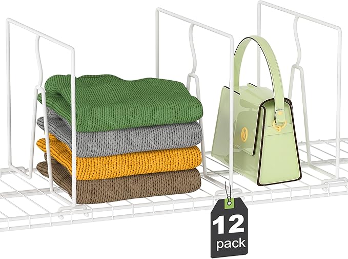 Wire Shelf Dividers for Closet: Tall 12 Pack 12-inch Deep Wire Rack Accessories - Adjustable Purse Organizer for Clothes Handbags - Metal Pantry Separators