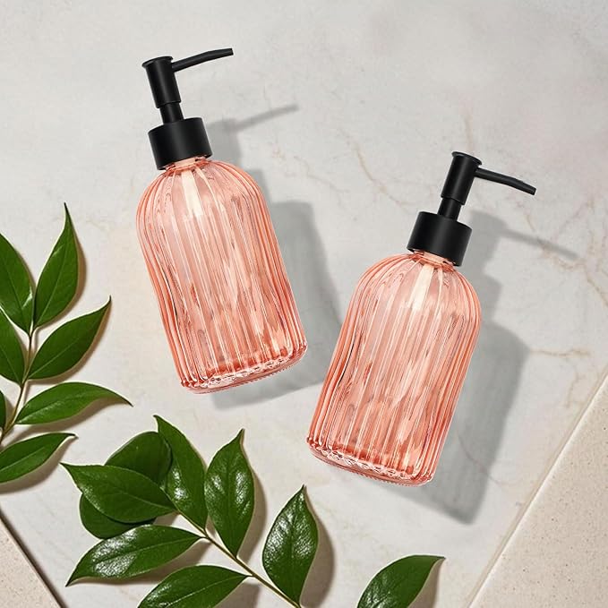 Topsky 2 Pack Glass Soap Dispenser with Black Plastic Pump, 400ml Liquid Hand Soap Dispenser, Rustproof Pump for Kitchen & Bathroom, Great for Lotions, Essential Oil, Liquid Soaps-Pinkish Orange