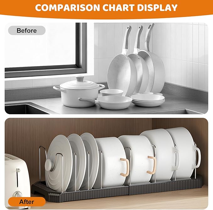 Pots and Pans Organizer Under Cabinet, 7-Slot Expandable Pot Rack Organizer with Cup Brush, Kitchen Pots and Pans Organizer for Cookware, Lids, Bakeware, Cutting Boards Tool-Free Installation (Black)