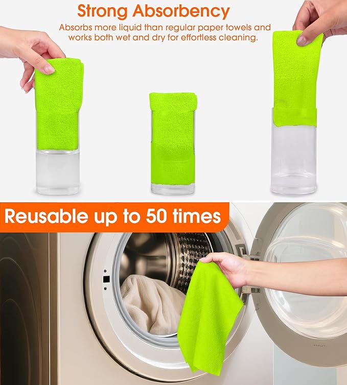 CHAUNCEY HOME Microfiber Cleaning Cloth Roll - 100 Pack Tear Away Microfiber Paper Towels, Reusable, Washable, Scratch-Free, Kitchen Towels for Car, Home, Kitchen, Glass, Dishes (Neon Green)