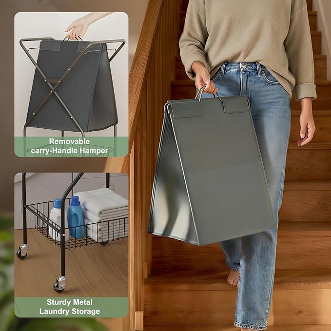 Laundry Basket with Wheels:88L Rolling Laundry Cart Foldable Metal Frame Dirty Clothes Laundry Hamper 36"H 4 Caster 2 Brake Waterproof Removable Liner Carry Handle for Dorm Laundry Room,Gray