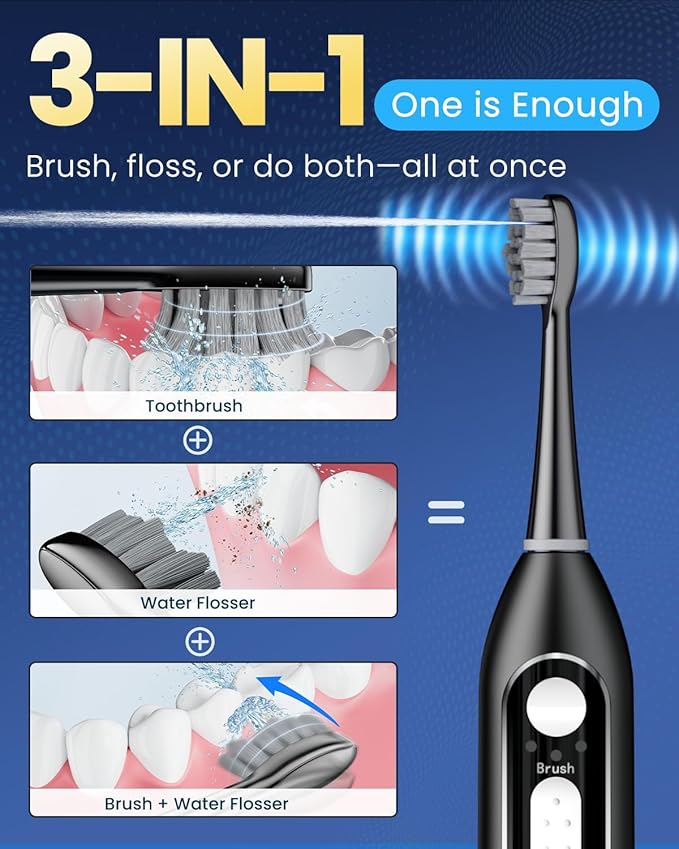 Electric Toothbrush with Water Flosser Combo in One - Sonic Flossing Toothbrushes for Teeth Cleaning, Rechargeable,Portable Cordless Water Flosser for Adults, 17oz Large Tank, 3 Modes & 5 Brush Heads