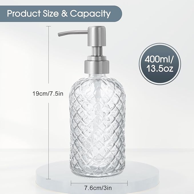 2 Pack Gem-Patterned Glass Soap Dispenser with Rust Proof Stainless Steel Pump-13 oz Liquid Hand Soap Dispenser for Kitchen & Bathroom,Great for Lotions, Essential Oil, Liquid Soaps-Clear
