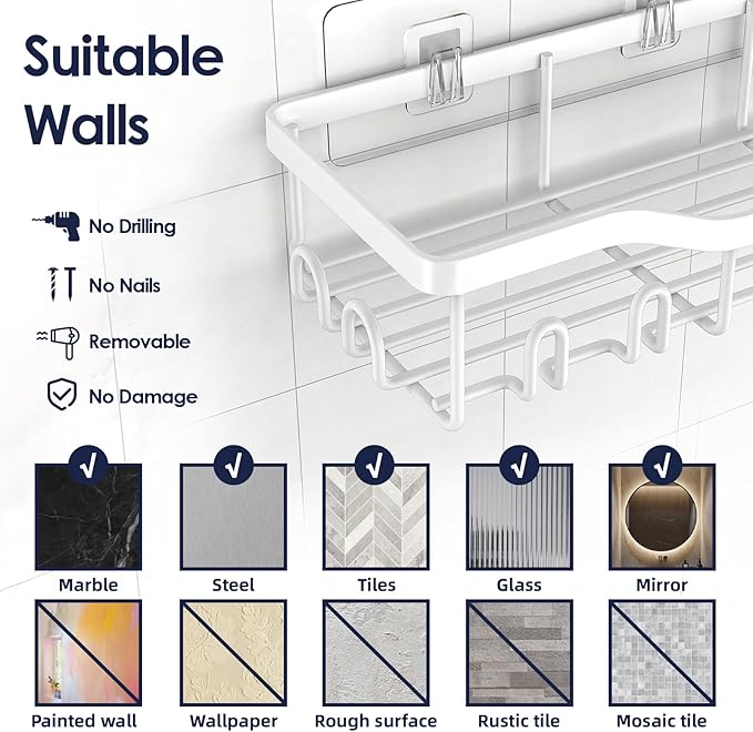 Shower Caddy Adhesive Shower Organizer 7-Pack, Rustproof Stainless Steel Bathroom Shelves, Large Capacity No-Drill Rack Storage Accessories with Soap Dish Toothbrush Holder Hooks