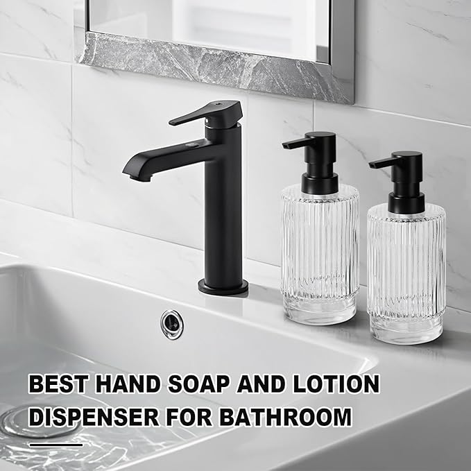 Glass Soap Dispenser with Pump, 2 Pack 11 fl oz Clear Hand Soap Dispensers for Bathroom, Ribbed Style Dish Soap Dispenser for Kitchen, Modern Refillable Liquid Soap Pump Bottle