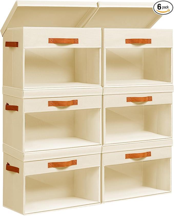 Large Storage Bins with Lids - 6 Pack Foldable Decorative Organizers with Clear Windows & Handles, Cube Storage Organizers for Clothes, Blankets, Sweaters, CD, Beige