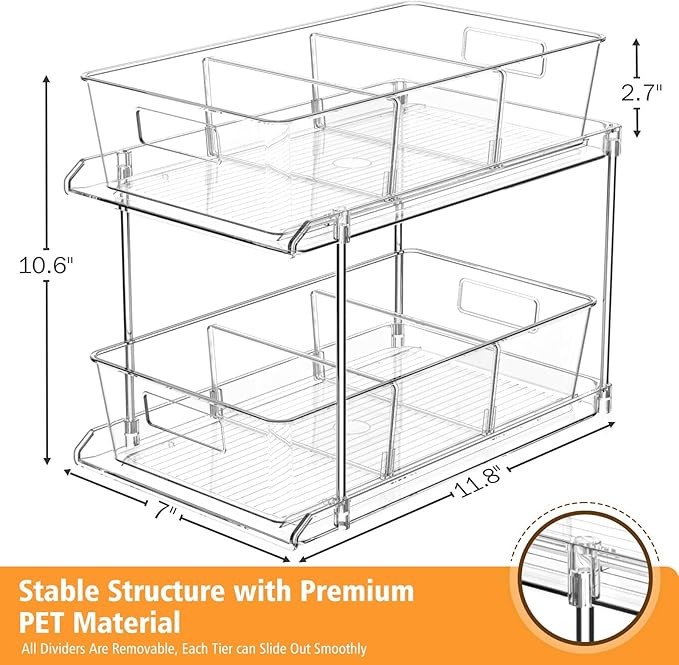 Pull-Out Home Organizers, 2 Tier Clear Bathroom Organizer with Dividers, Multipurpose Vanity Counter Tray, Kitchen, Closet Organizers and Storage Container Bins for Cabinet, Pantry
