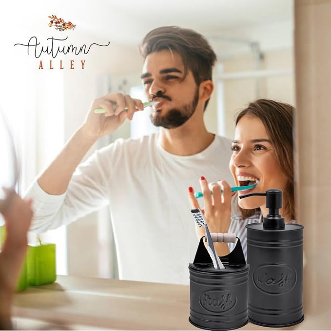 Autumn Alley Rustic Bathroom Accessories Set - Farmhouse Soap Dispenser and Toothbrush Holder Set - Western Bathroom Accessories, Farmhouse Decor for Bathroom Countertop, Galvanized Black