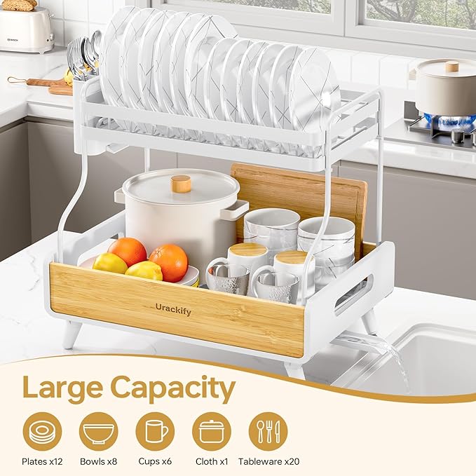 2-Tier Dish Drying Rack – Large Capacity Dish Rack with Stainless Steel and Bamboo, Dish Drainers for Kitchen Counter, Drying Rack Kitchen with Utensil Holder and Drainboard, White