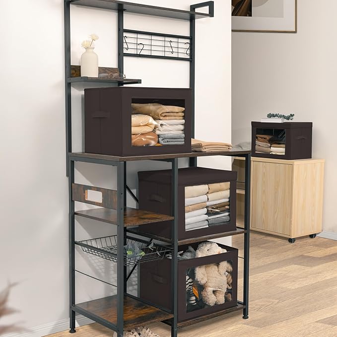 Stackable Storage Bins with Lids - Large Storage Box with Lids, Foldable Closet Boxes for Organizing, Wardrobe Clothes Organizer with Window, Cubes Bins for Living Room, 3 Pack, Brown