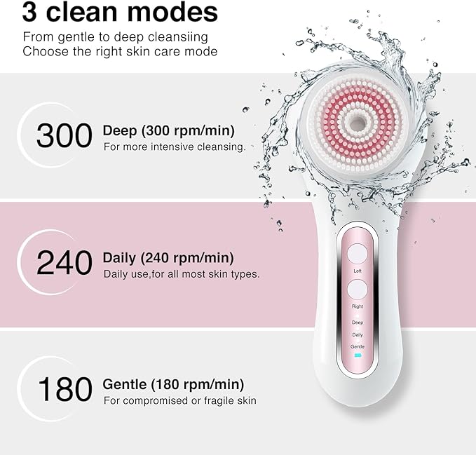 Electric Facial Cleansing Brush, 2-Way Rotating Face Scrubber for Daily & Deep Cleaning, 3 Modes, 5 Brush Heads, Rechargeable, IPX7 Waterproof for All Skin Types