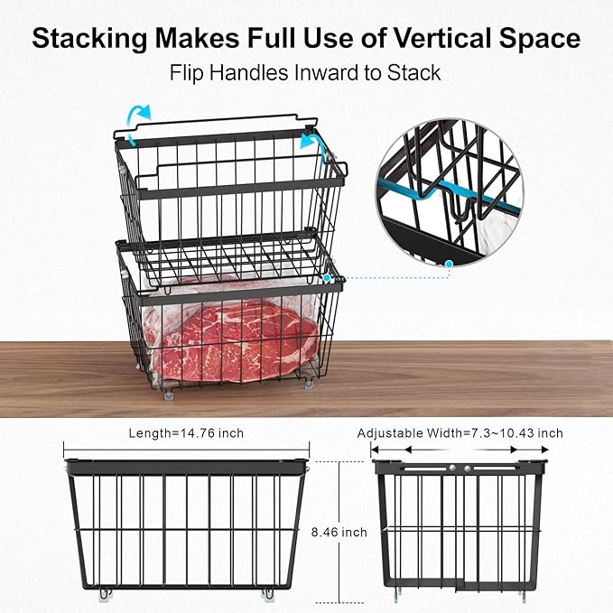 iSPECLE Freezer Organizer Bins - 5 Pack Adjustable Width for 5 to 7 Cu.Ft Chest Freezers, Stackable Wire Storage Baskets, Assembly Required, Black