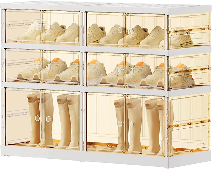 EHAMILY 3 Tiers 6-12 Pairs Foldable Shoe Boxes Large Plastic Shoe Storage Rack Collapsible Shoe Organizer for Closet Clear Stackable Shoes Shelf Storage Cabinet with Doors Quick Assembly