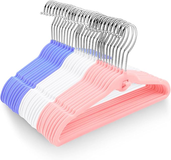 Pack of 30 Kids Velvet Hangers, Non-Slip Space-Saving with Cascading Mini Hooks, Multi-Color (Pink, Lavender, White) Baby and Toddler Clothes Organization