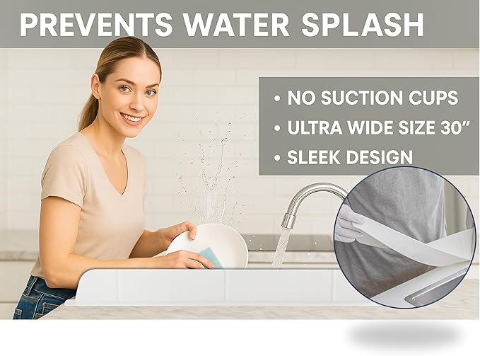 30 inch(75cm) Premium Kitchen Sink Silicone Water Splash Guard SIZE UPGRADE 30" and new package - NO Suction Cups, Ultra Wide 30" - Made in Korea (Ultra Wide Eco White)